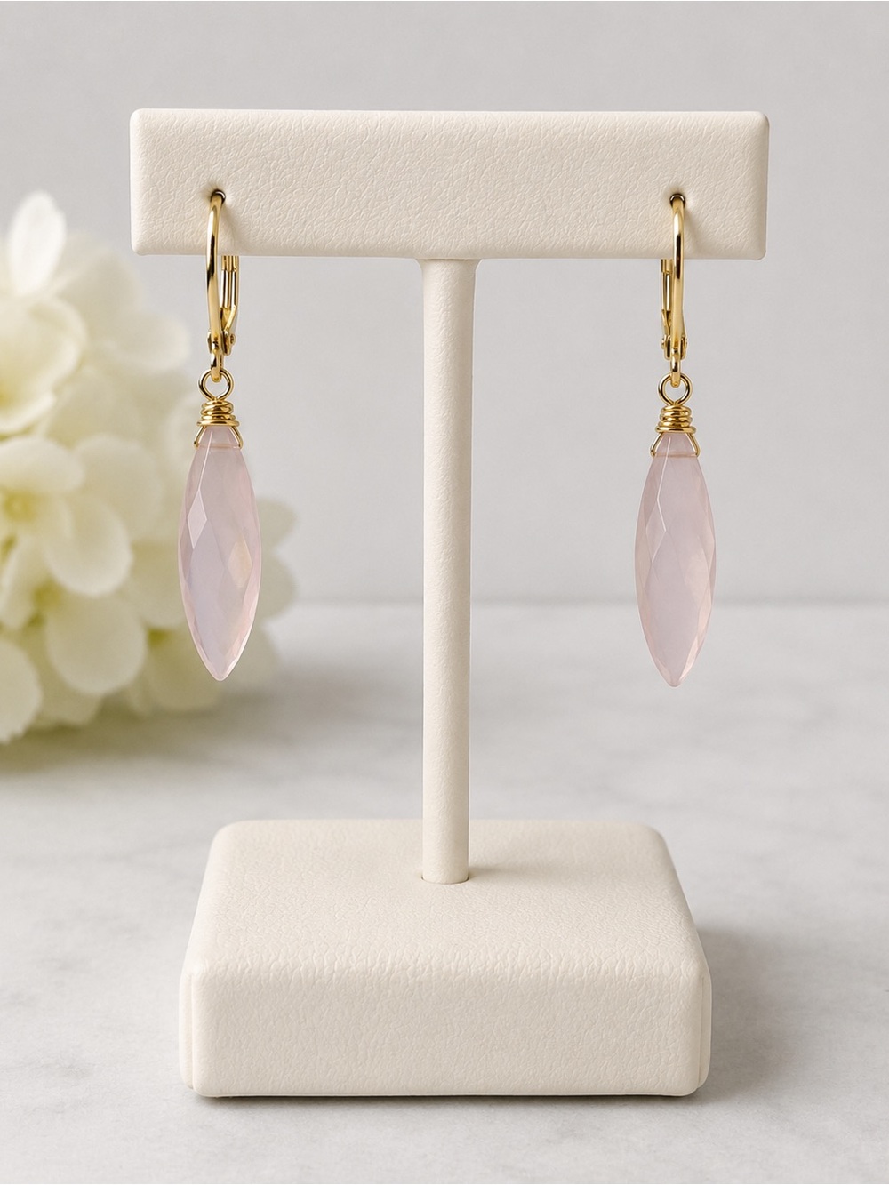 Pale Pink Chalcedony Marquis Earrings Gold Tone Nickel Free - Picture 2 of 5